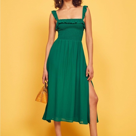Reformation Dresses & Skirts - Reformation Green Smocked Midi Dress with Ruffle Straps